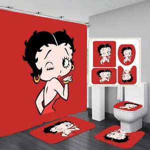 Betty Red Bathroom 4 Pieces Set Shower Curtain, Toilet Lid Cover and Bath Mat, Non-Slip Rugs, Durable and Waterproof, for Bathroom Decor Set, 72" x 72"