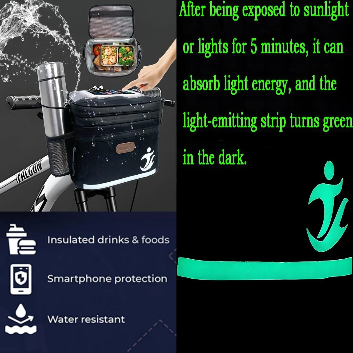 Bike Handlebar Bag with Touch Screen Phone Holder, Waterproof Front Basket, Insulated Cooler Lunch Bag