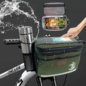 Bike Handlebar Bag with Touch Screen Phone Holder, Waterproof Front Basket, Insulated Cooler Lunch Bag