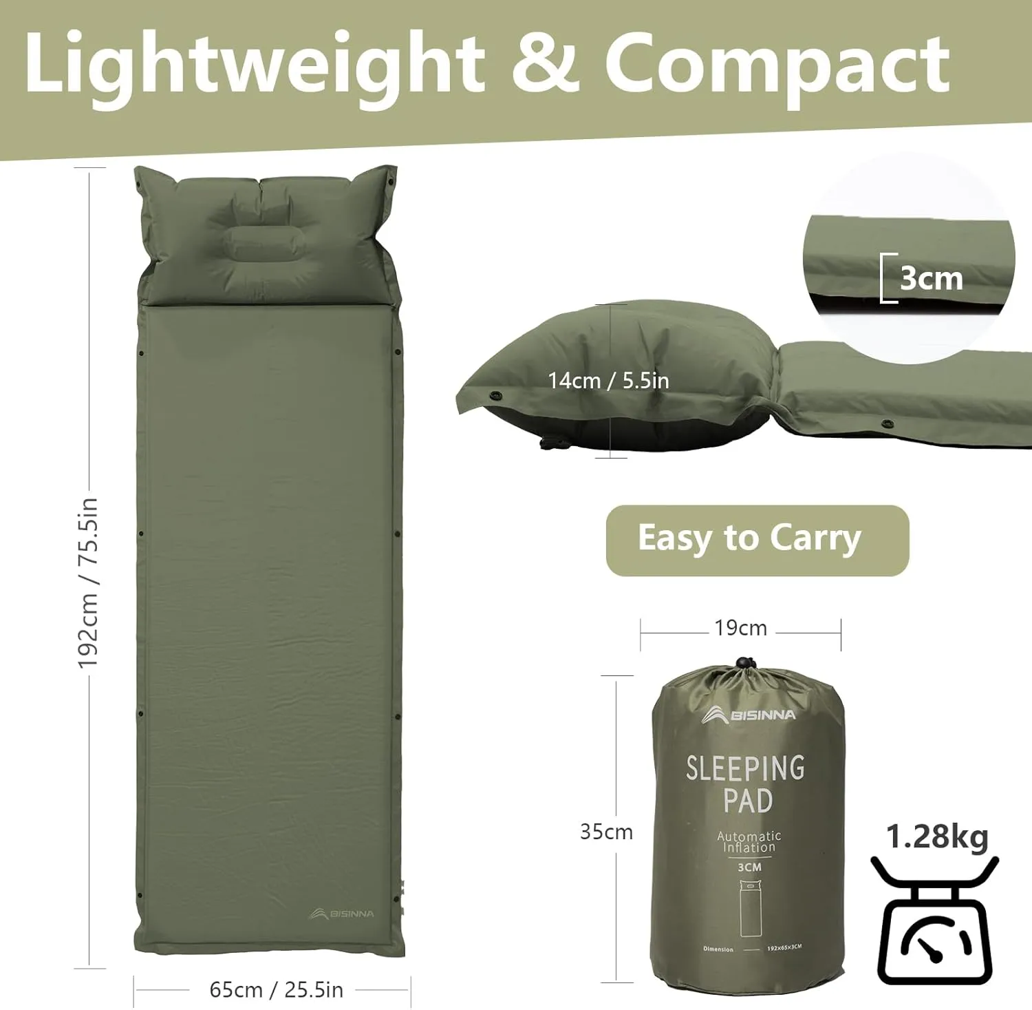 BISINNA Self-Inflating Sleeping Pad Thick Foam Sleeping Mattress with Pillow for Camping Lightweight Insulated Sleeping Mat Fast Inflating for Camping Travel Car Tent