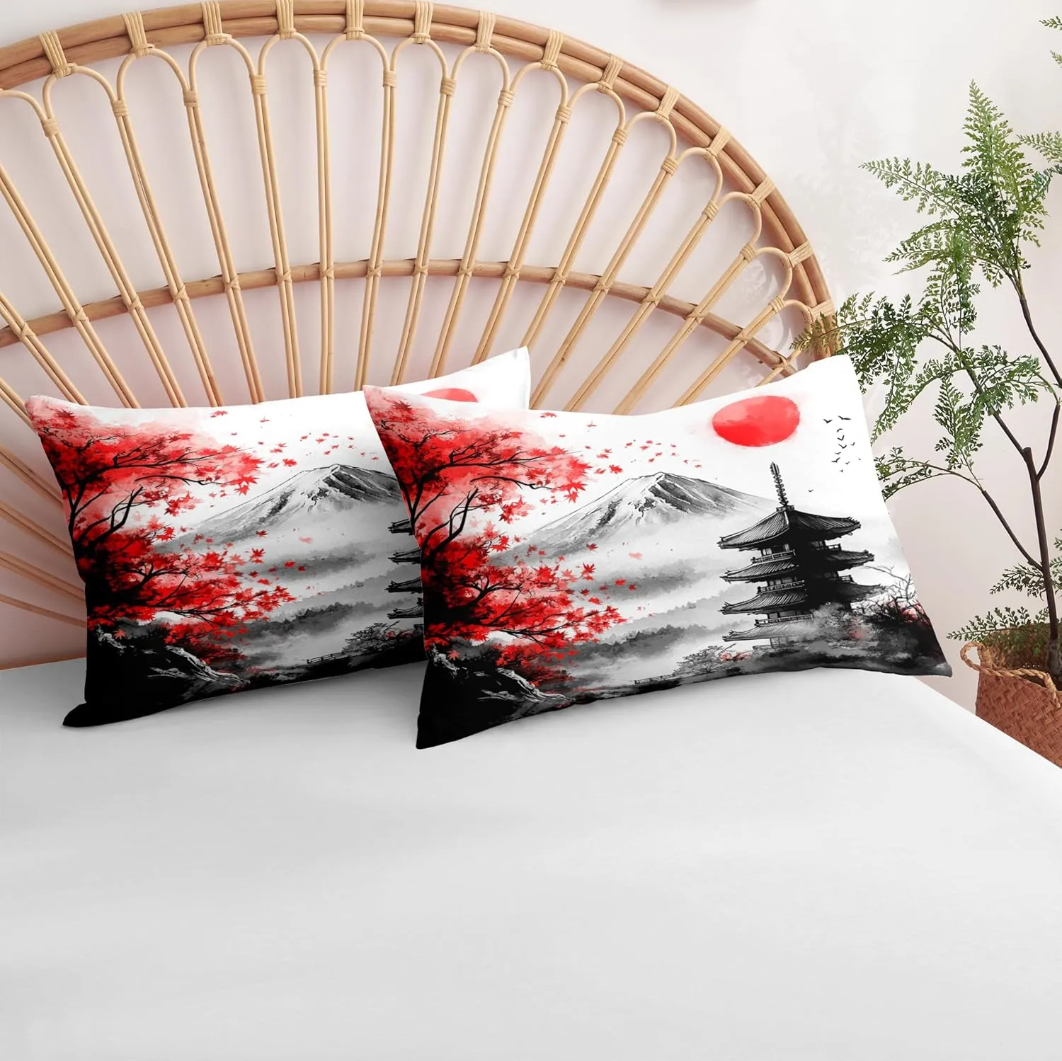 Black Red Japanese Comforter Set King, Mount Fuji Asian Landscape Red Sun Soft Bedding Set, 3 PCS Cherry Blossom Spring Lightweight Microfiber Comforter(90" X 104")