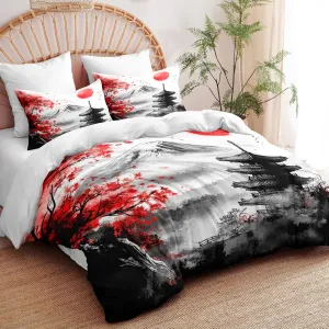 Black Red Japanese Comforter Set King, Mount Fuji Asian Landscape Red Sun Soft Bedding Set, 3 PCS Cherry Blossom Spring Lightweight Microfiber Comforter(90" X 104")