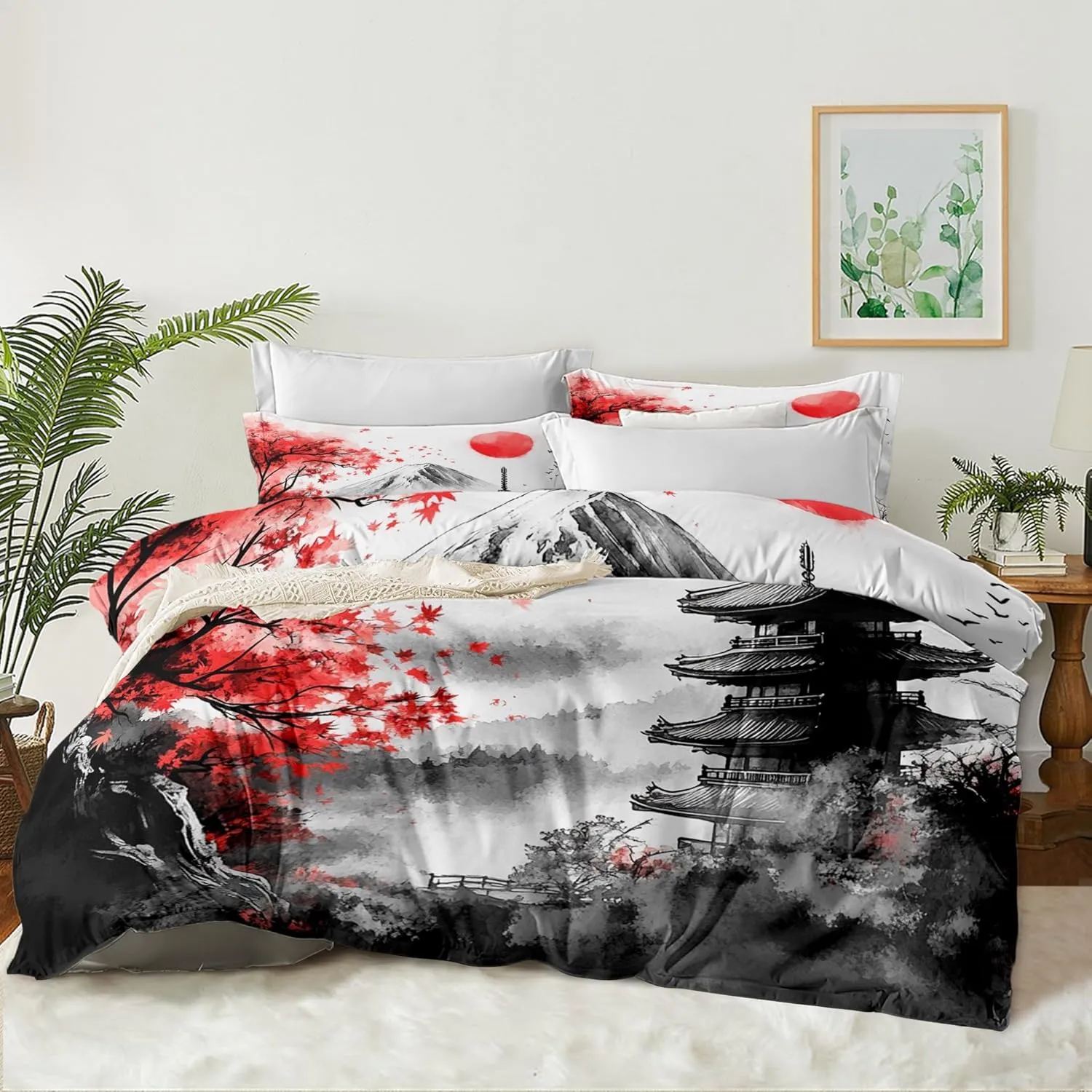 Black Red Japanese Comforter Set King, Mount Fuji Asian Landscape Red Sun Soft Bedding Set, 3 PCS Cherry Blossom Spring Lightweight Microfiber Comforter(90" X 104")