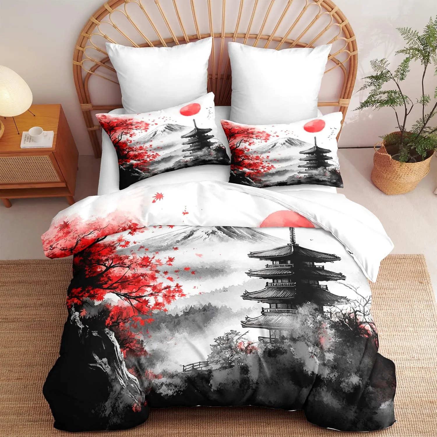 Black Red Japanese Comforter Set King, Mount Fuji Asian Landscape Red Sun Soft Bedding Set, 3 PCS Cherry Blossom Spring Lightweight Microfiber Comforter(90" X 104")