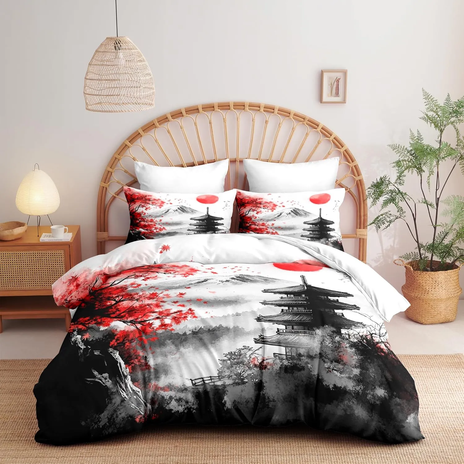 Black Red Japanese Comforter Set King, Mount Fuji Asian Landscape Red Sun Soft Bedding Set, 3 PCS Cherry Blossom Spring Lightweight Microfiber Comforter(90" X 104")