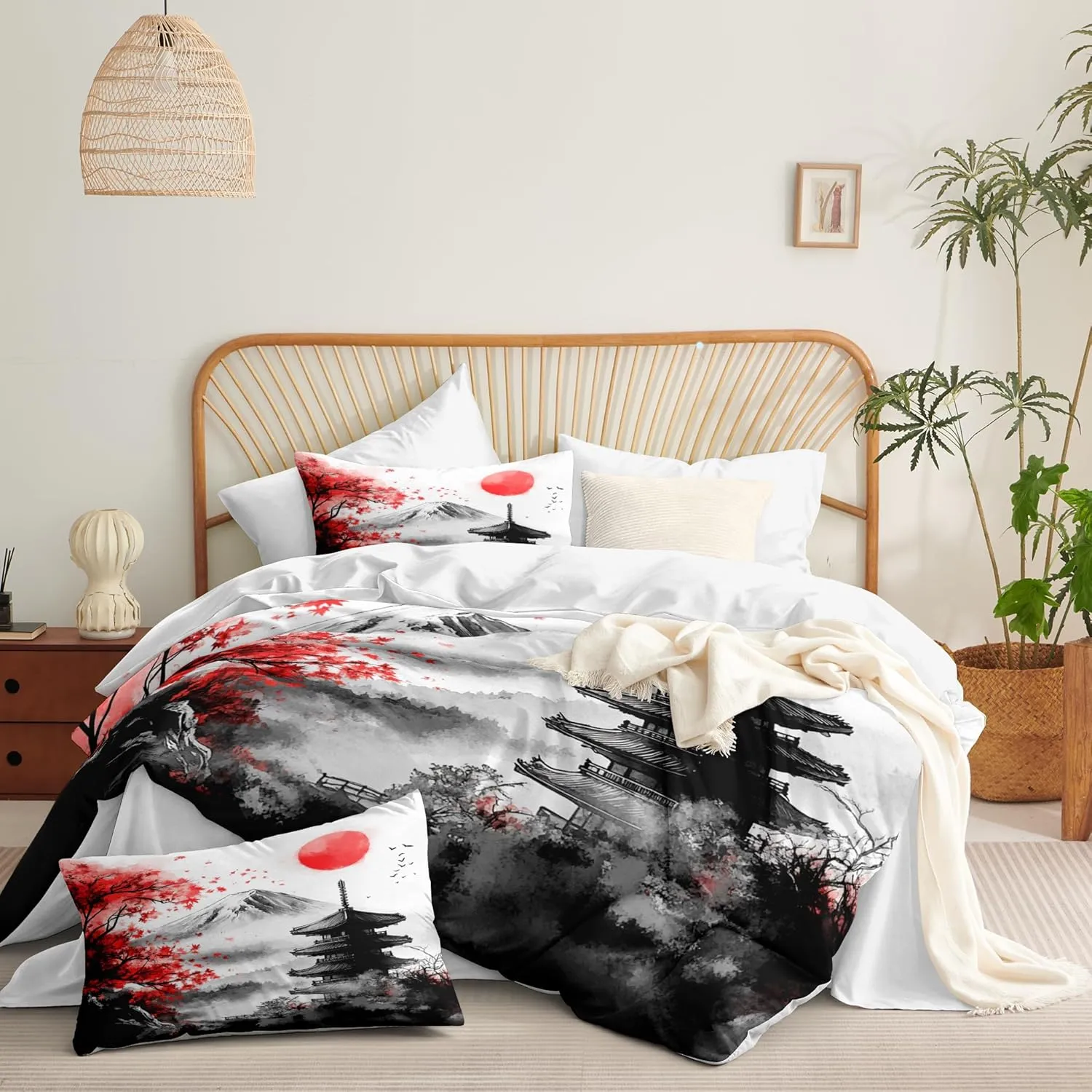 Black Red Japanese Comforter Set King, Mount Fuji Asian Landscape Red Sun Soft Bedding Set, 3 PCS Cherry Blossom Spring Lightweight Microfiber Comforter(90" X 104")