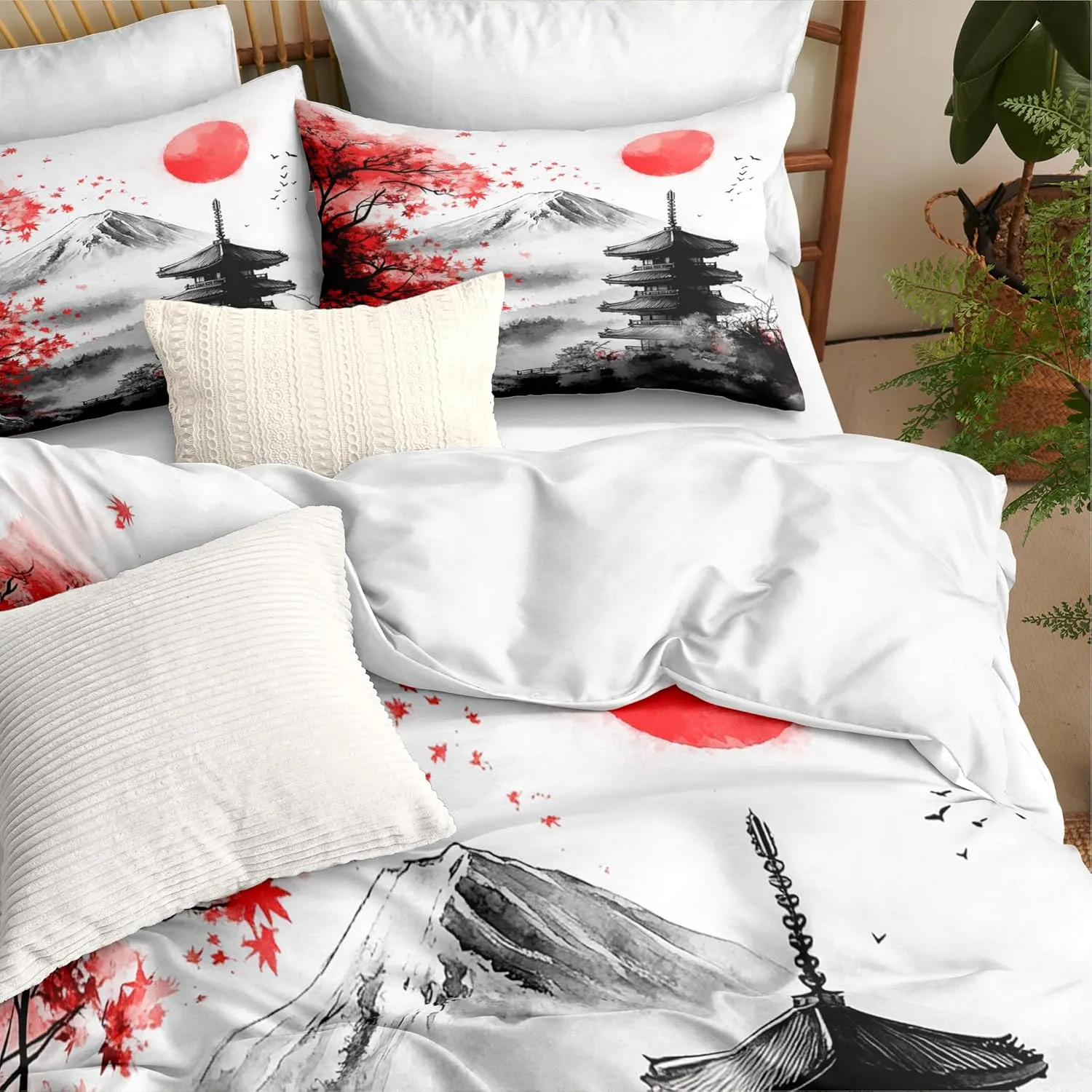 Black Red Japanese Comforter Set King, Mount Fuji Asian Landscape Red Sun Soft Bedding Set, 3 PCS Cherry Blossom Spring Lightweight Microfiber Comforter(90" X 104")