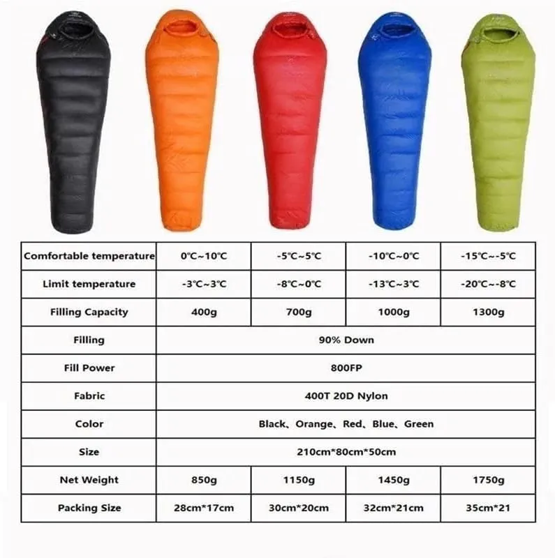 Black Snow Outdoor Camping Sleeping Bag Very Warm Down Filled Adult Mummy Style Sleep Bag 4 Seasons Camping Travel Sleeping Bag