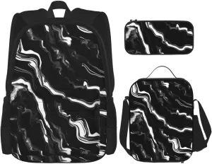 Black White Marble Print Print Versatile Adjustable Shoulder Fashion Backpack Lunch Bag Pencil Case Large Capacity