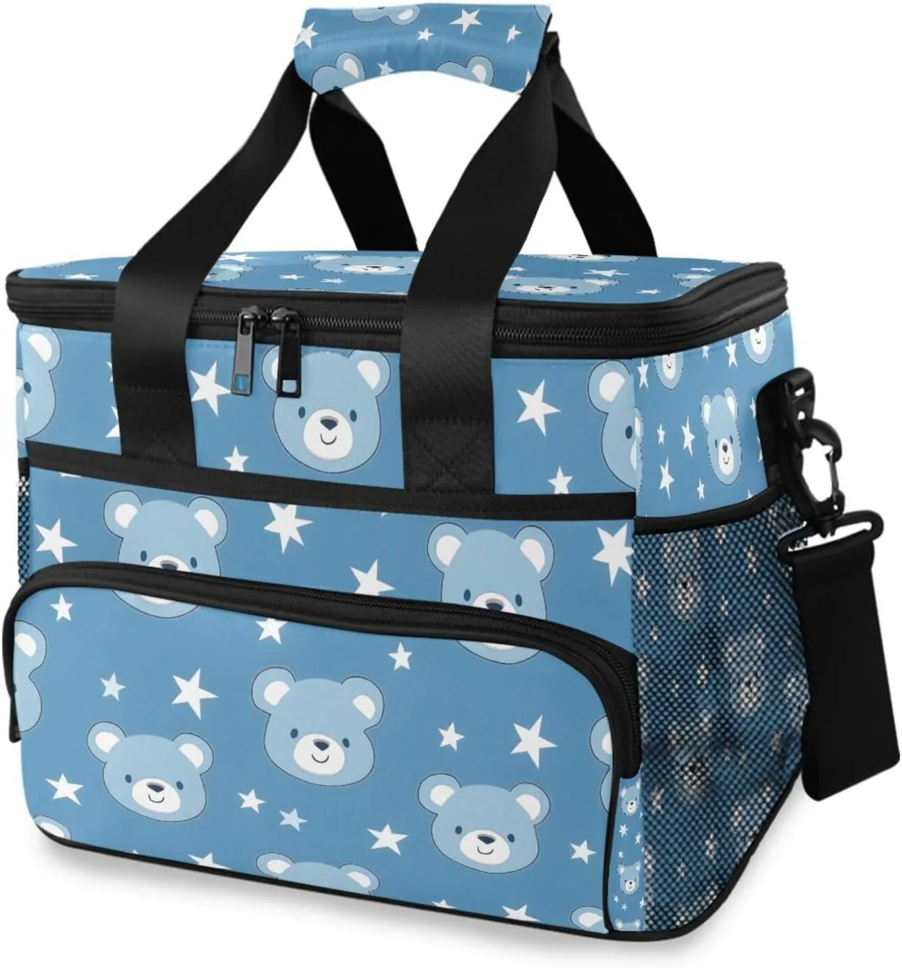 Blue Bear Pattern Star Cooler Bag Insulated Cooler Soft Sided Cooler 24 Can Portable Picnic Bag Large Leakproof Lunch Bag Box for Beach Grocery Camping Travel Car Men Women