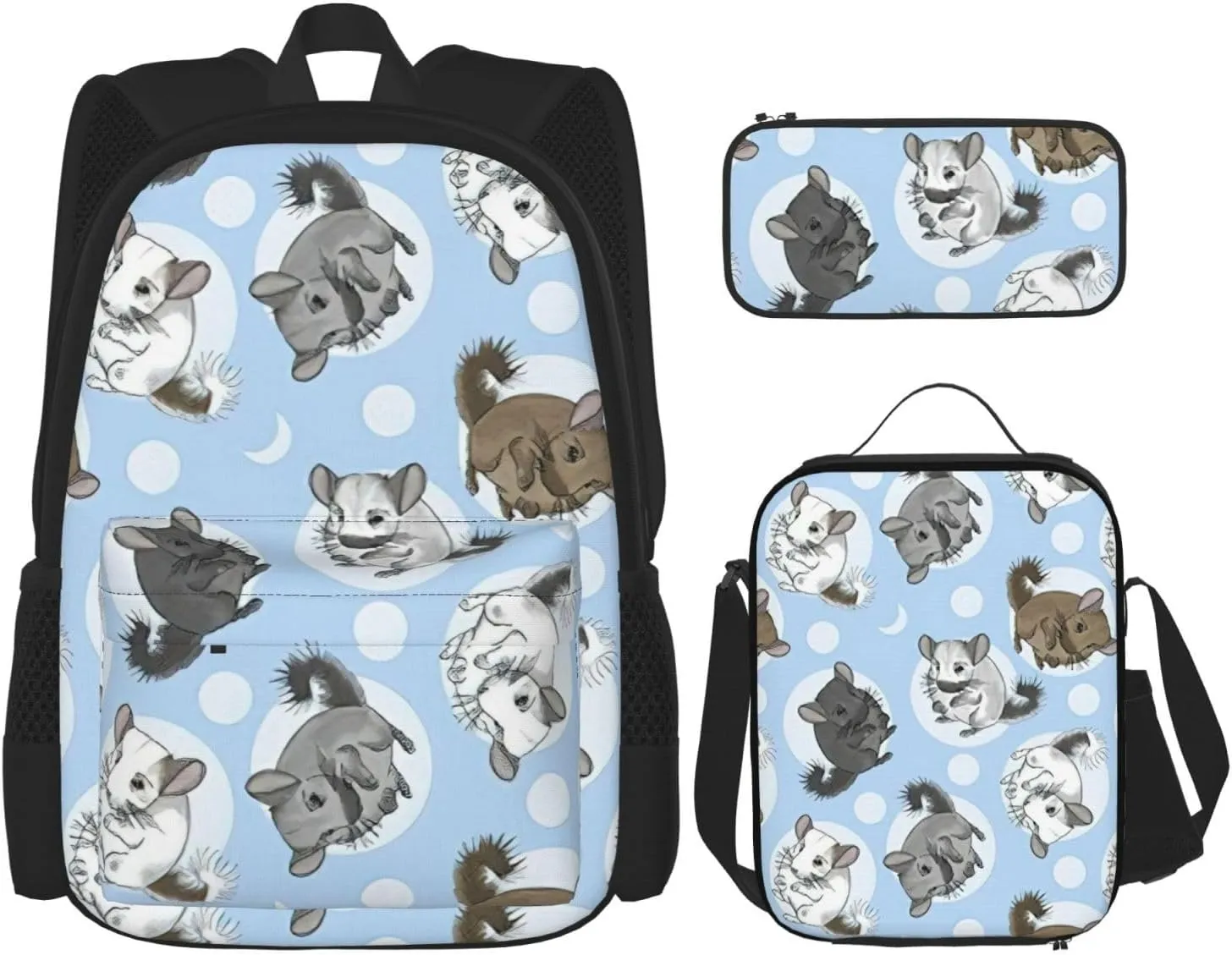 Blue Chinchillas And Moon Print Versatile Adjustable Shoulder Fashion Backpack Lunch Bag Pencil Case Large Capacity