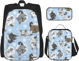 Blue Chinchillas And Moon Print Versatile Adjustable Shoulder Fashion Backpack Lunch Bag Pencil Case Large Capacity