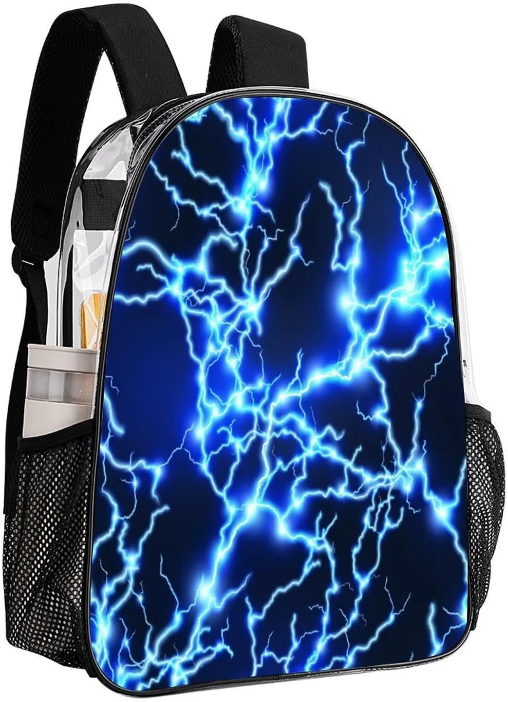 Blue Electric Lightning Sparkle 17 Inch Transparent Backpack Water Resistant PVC Clear Laptop Daypack for Travel Work Camping Women Men 43x32x13cm