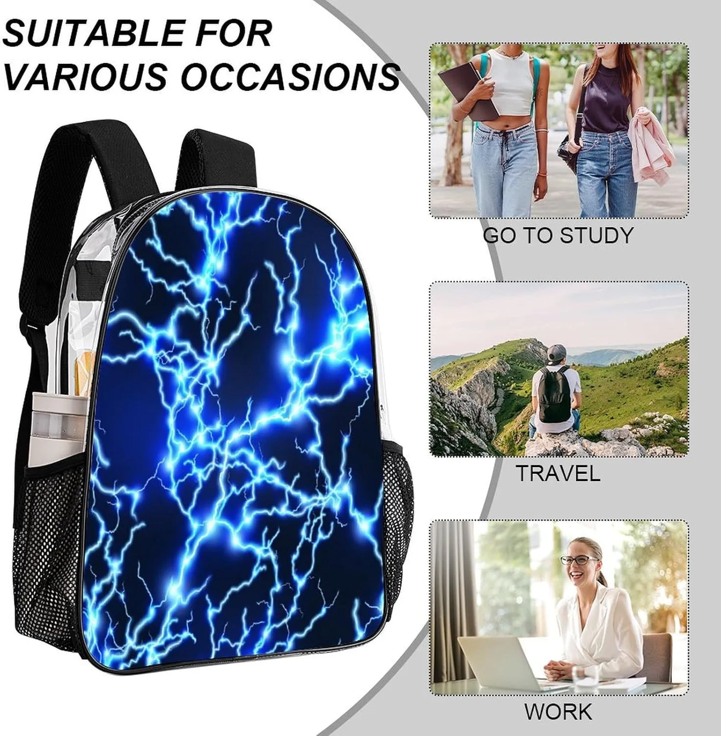 Blue Electric Lightning Sparkle 17 Inch Transparent Backpack Water Resistant PVC Clear Laptop Daypack for Travel Work Camping Women Men 43x32x13cm
