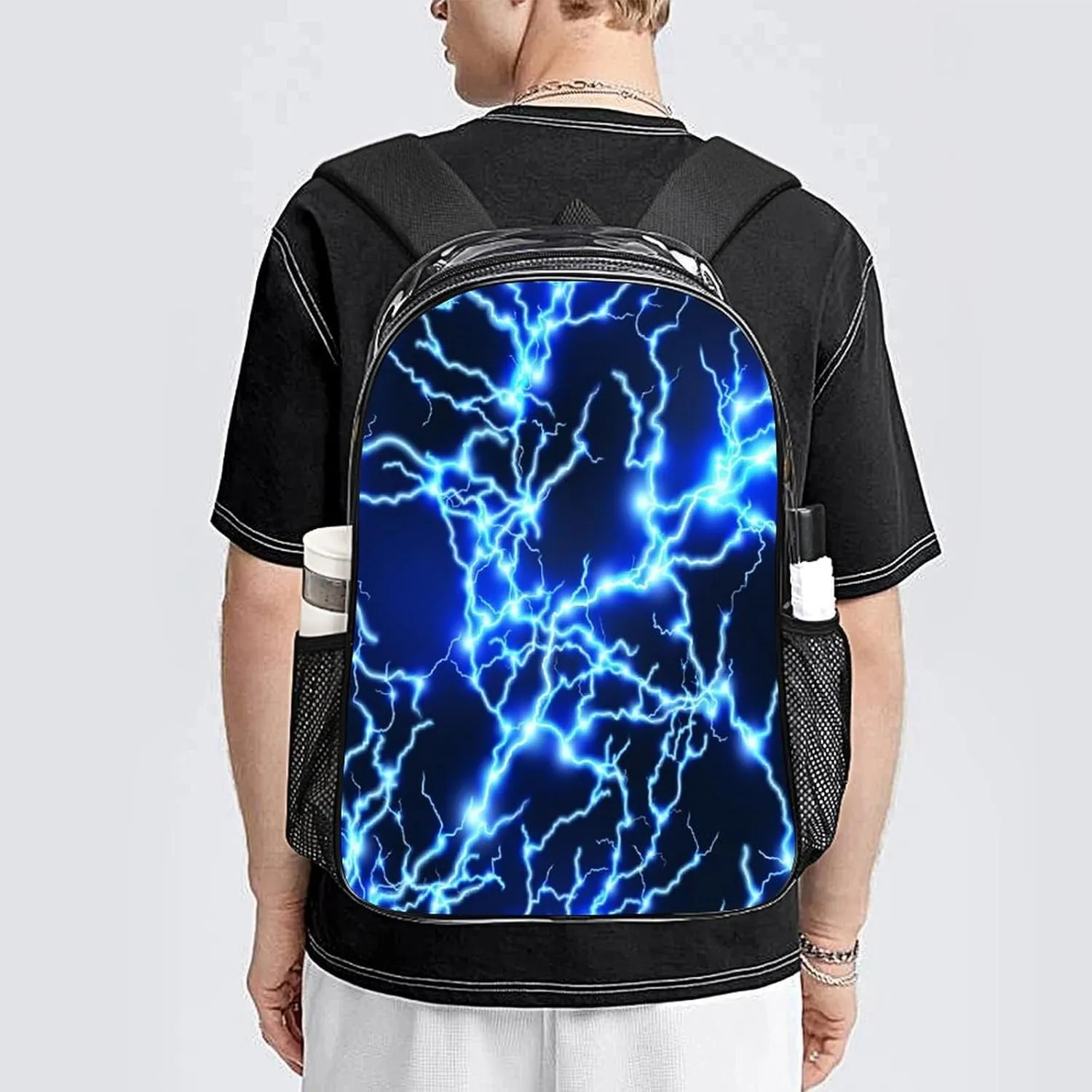 Blue Electric Lightning Sparkle 17 Inch Transparent Backpack Water Resistant PVC Clear Laptop Daypack for Travel Work Camping Women Men 43x32x13cm
