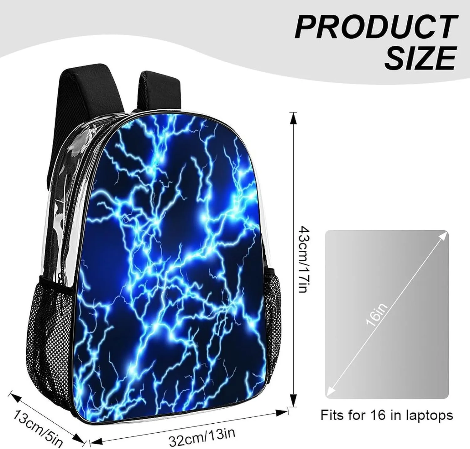Blue Electric Lightning Sparkle 17 Inch Transparent Backpack Water Resistant PVC Clear Laptop Daypack for Travel Work Camping Women Men 43x32x13cm