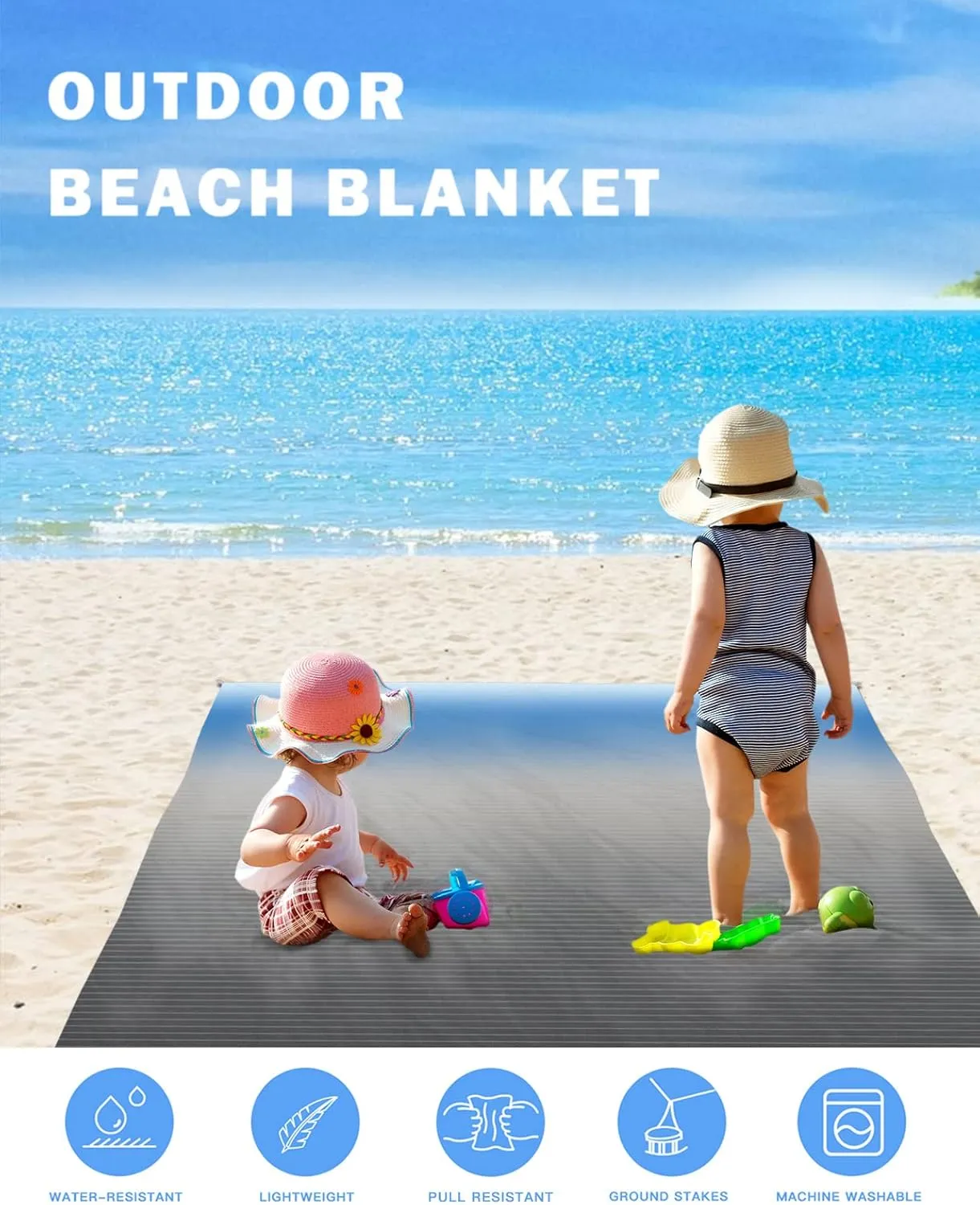 Blue Grey Beach Blanket Large with Stakes Waterproof Sandproof Beach Mat with Corner Pockets for Outdoor Travel Camping Hiking Picnic Essentials,Minimalist Geometric Stripes Abstract Art 95"x80"