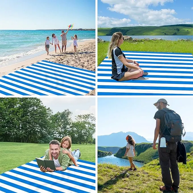 Blue Stripe Beach Blanket Sandproof Waterproof, Extra Large 78"×86" Beach Mat for 1-4 Adults w/Stake & Pocket,Compact Lightweight Sand Free Picnic Mat Beach Essential-Ultra Marine