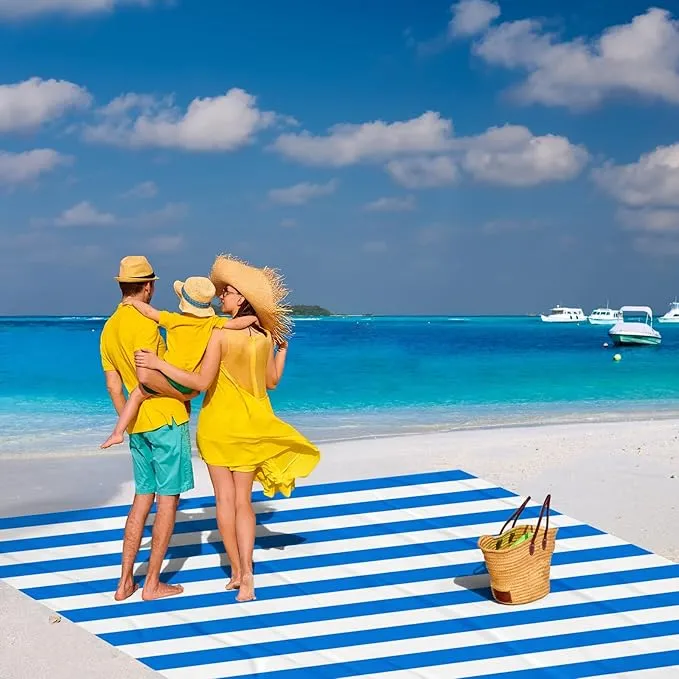 Blue Stripe Beach Blanket Sandproof Waterproof, Extra Large 78"×86" Beach Mat for 1-4 Adults w/Stake & Pocket,Compact Lightweight Sand Free Picnic Mat Beach Essential-Ultra Marine