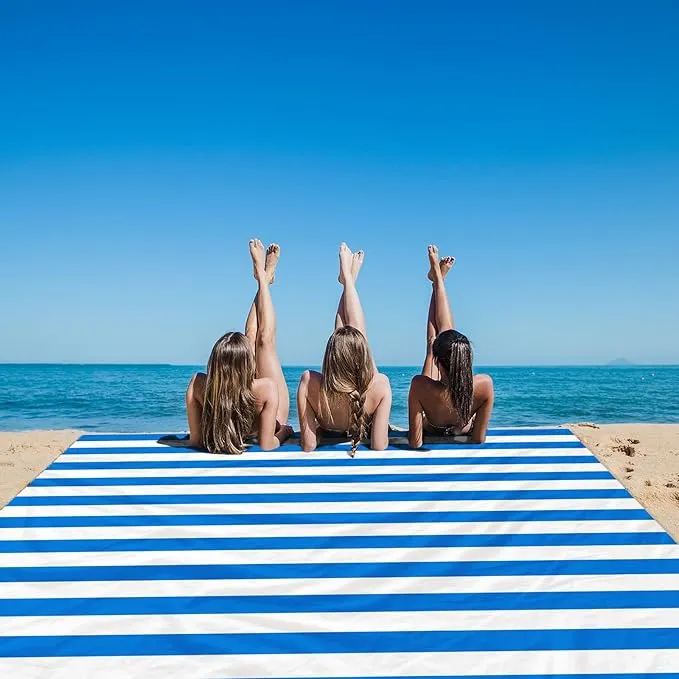 Blue Stripe Beach Blanket Sandproof Waterproof, Extra Large 78"×86" Beach Mat for 1-4 Adults w/Stake & Pocket,Compact Lightweight Sand Free Picnic Mat Beach Essential-Ultra Marine