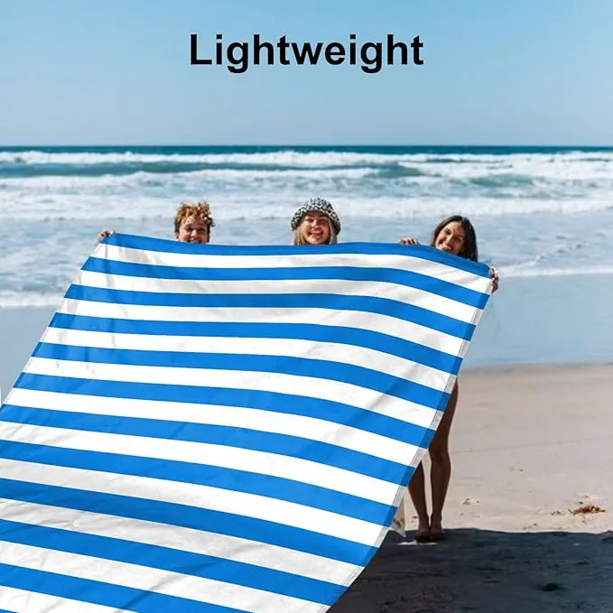 Blue Stripe Beach Blanket Sandproof Waterproof, Extra Large 78"×86" Beach Mat for 1-4 Adults w/Stake & Pocket,Compact Lightweight Sand Free Picnic Mat Beach Essential-Ultra Marine