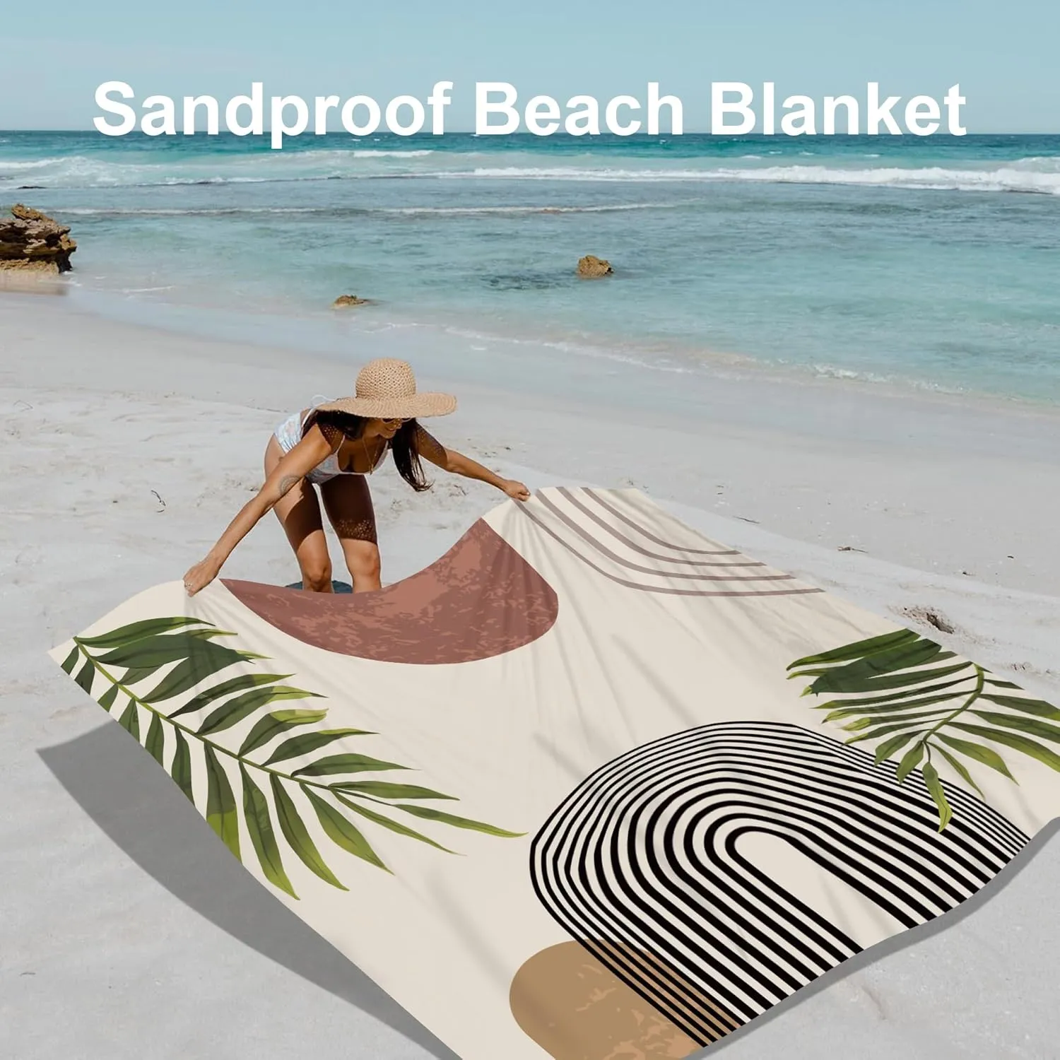 Bohemian Beach Blanket, 78''×86'' Large Waterproof Sandproof Beach Picnic Blanket 4 Adults, Polyester Lightweight Compact Sand Free Beach Mat w/ 4 Stakes for Travel, Camping, Hiking - Rainbow Leaves