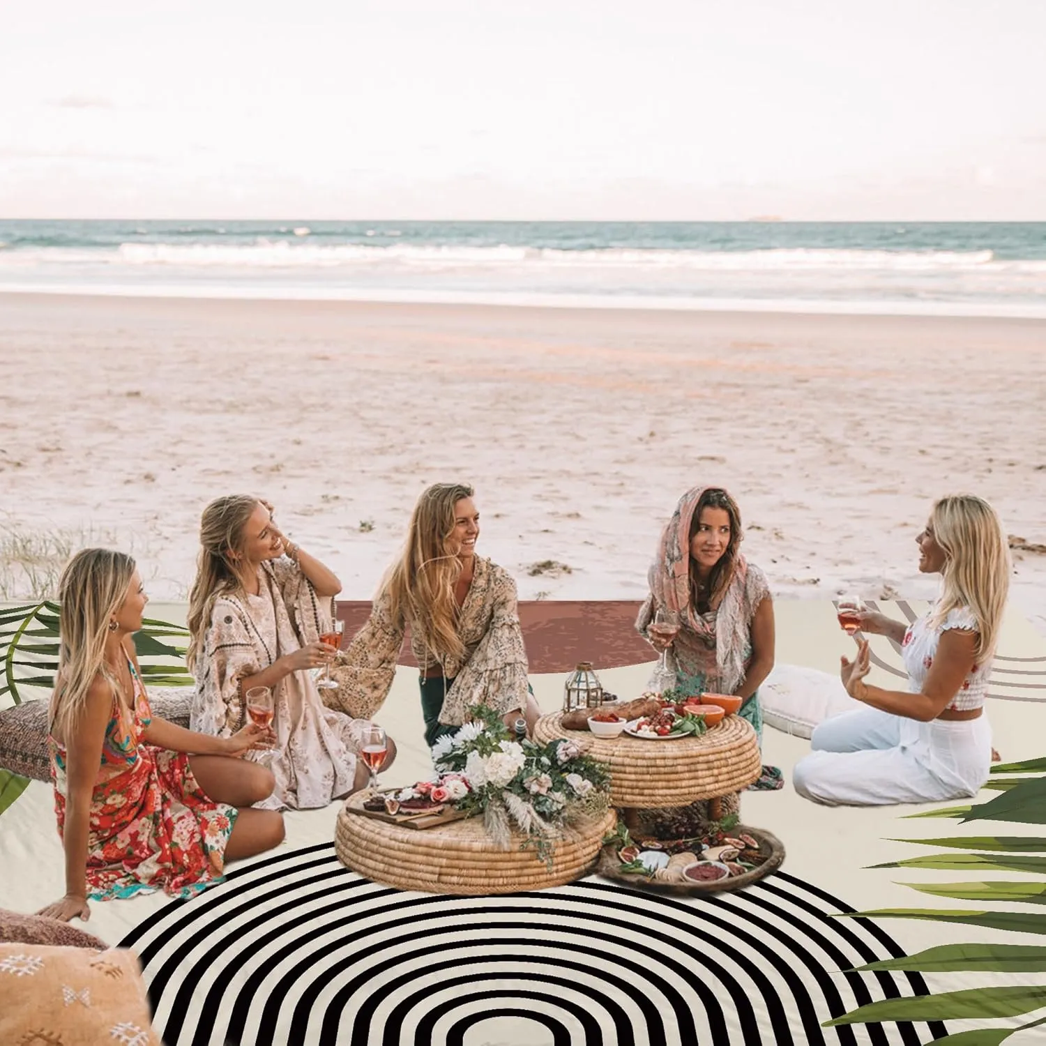 Bohemian Beach Blanket, 78''×86'' Large Waterproof Sandproof Beach Picnic Blanket 4 Adults, Polyester Lightweight Compact Sand Free Beach Mat w/ 4 Stakes for Travel, Camping, Hiking - Rainbow Leaves