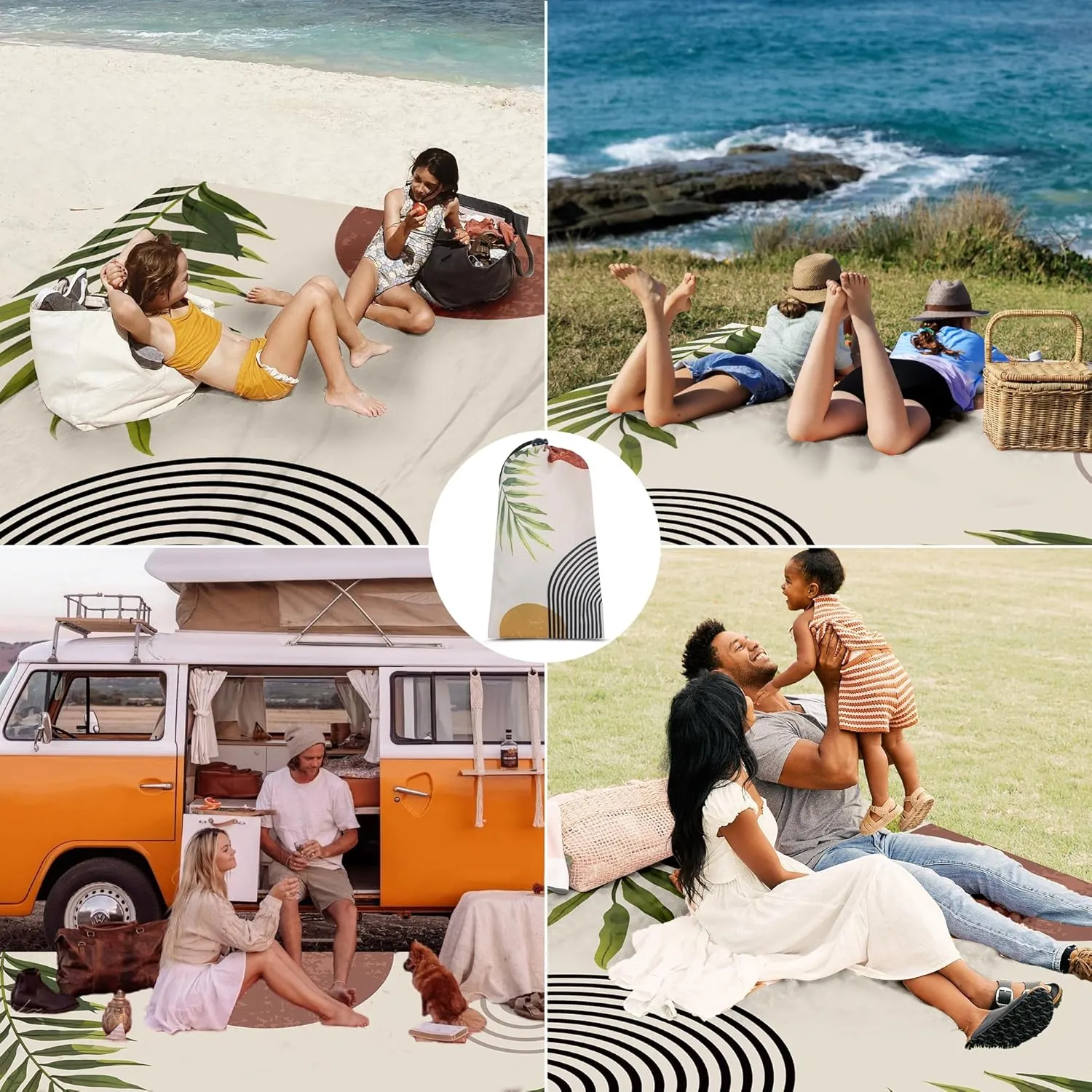 Bohemian Beach Blanket, 78''×86'' Large Waterproof Sandproof Beach Picnic Blanket 4 Adults, Polyester Lightweight Compact Sand Free Beach Mat w/ 4 Stakes for Travel, Camping, Hiking - Rainbow Leaves
