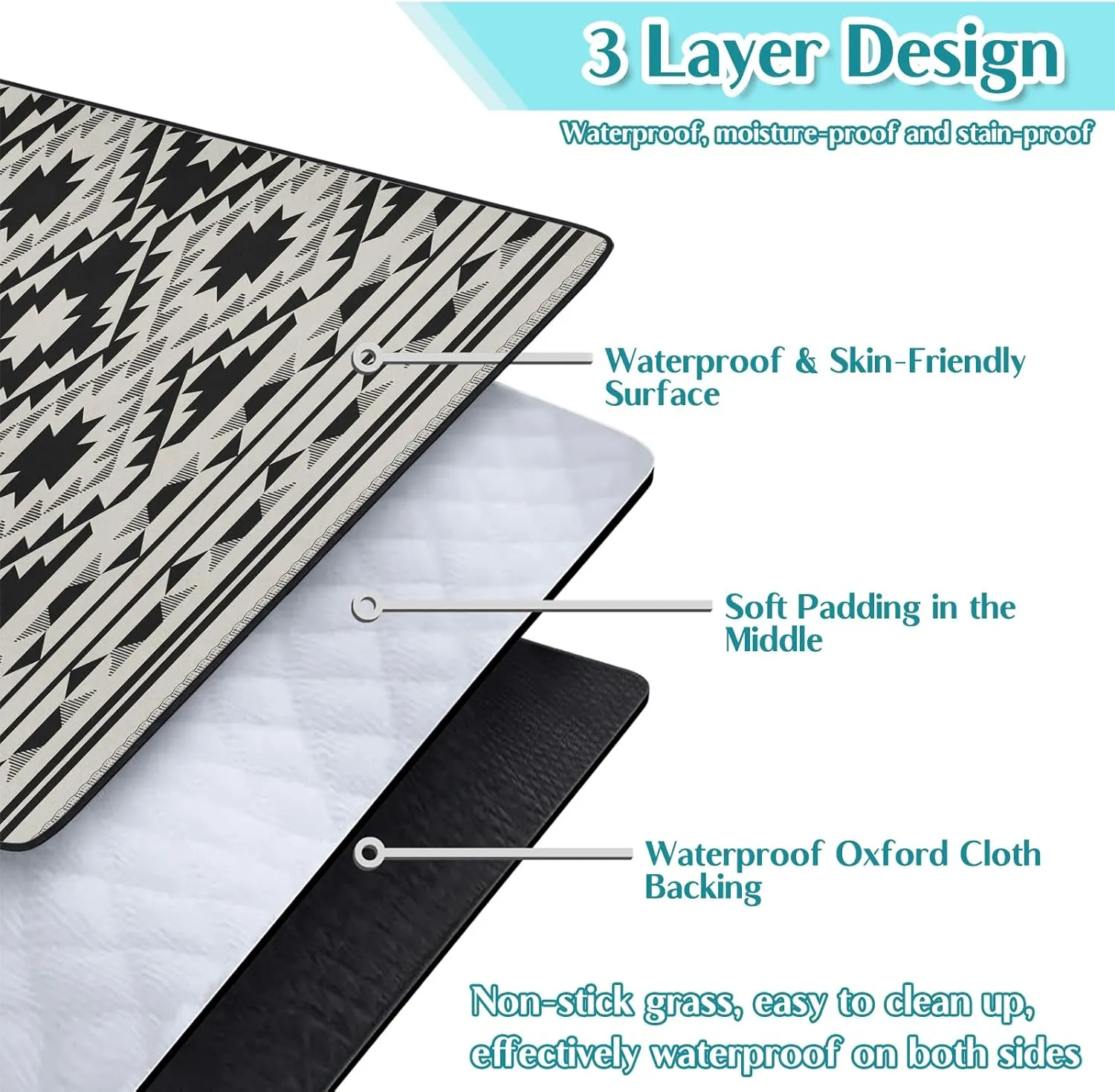 Boho Picnic Blankets Waterproof Foldable, 60″X80″ Thick Three Layer Picnic Mat Tribal Outdoor Blanket for Grass, Beach Blanket Sandproof Picnic Accessories for Camping Party Park Patio