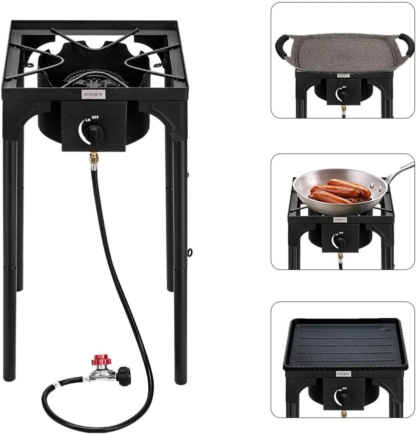 Bonnlo Outdoor Portable Propane Stove Gas Cooker, Heavy Duty Iron Cast Patio Burner with Detachable Stand Legs for Camp Cooking (1-Burner 100,000-BTU)