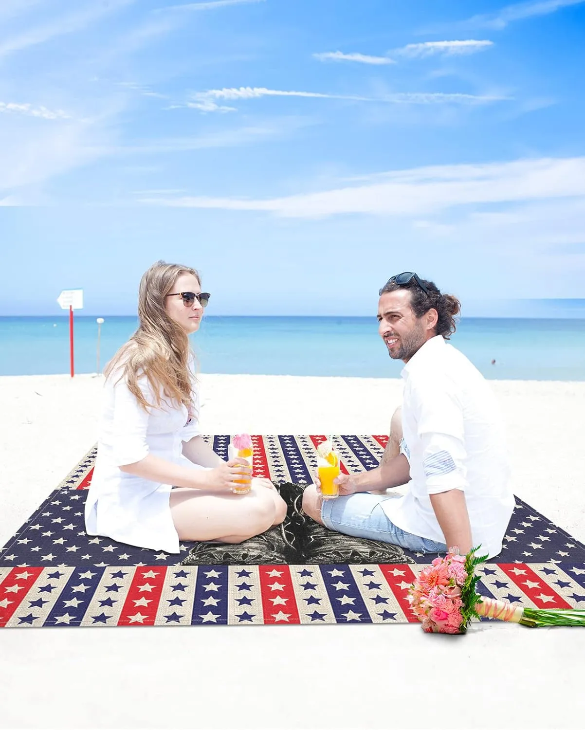 Boots Freedom Beach Blanket Oversized with Stakes Waterproof Sandproof Beach Mat with Corner Pockets for Outdoor Travel Camping Hiking Picnic,Stripes Stars 4th of July Memorial Patriotic Day 118"x108"