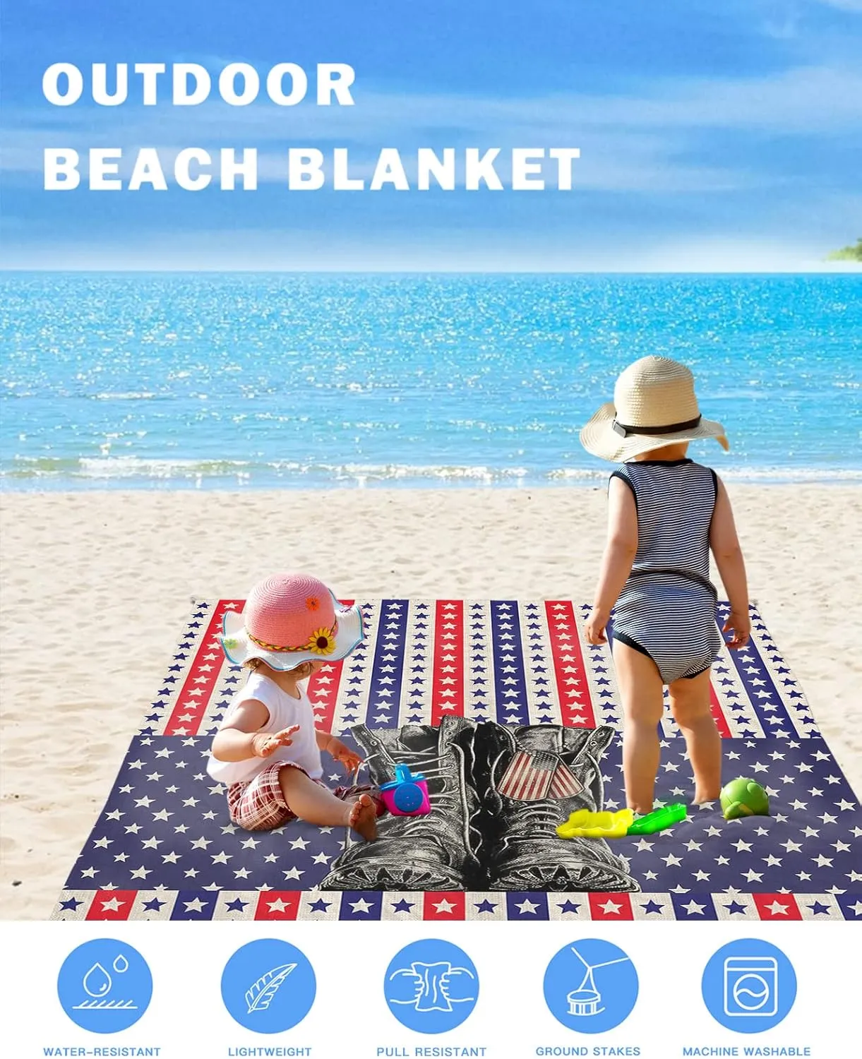 Boots Freedom Beach Blanket Oversized with Stakes Waterproof Sandproof Beach Mat with Corner Pockets for Outdoor Travel Camping Hiking Picnic,Stripes Stars 4th of July Memorial Patriotic Day 118"x108"