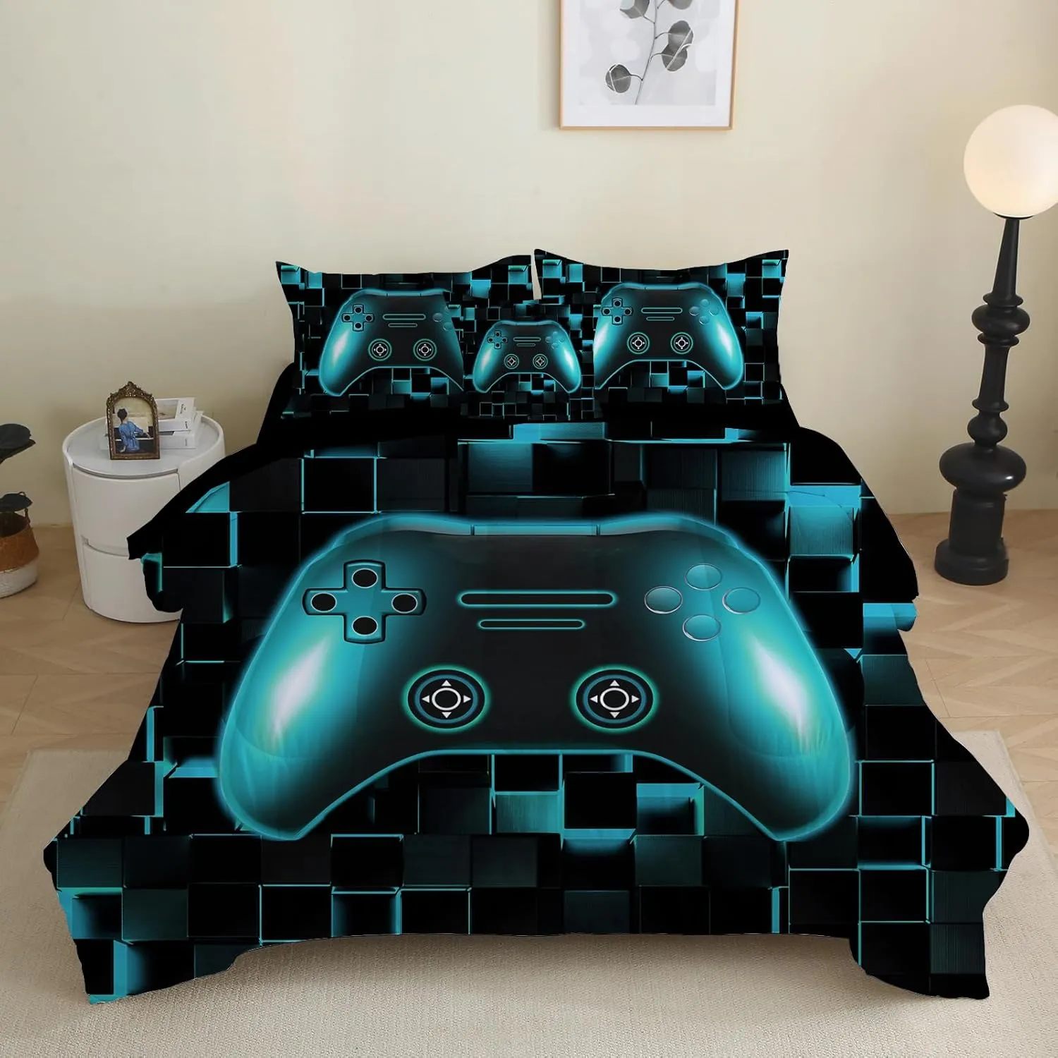 Boys Gamer Comforter Set 6 Pieces Full Size Gaming Bedding Set with Sheets Video Game Console Bed in a Bag for Kids Girls Teens (Teal, Full)