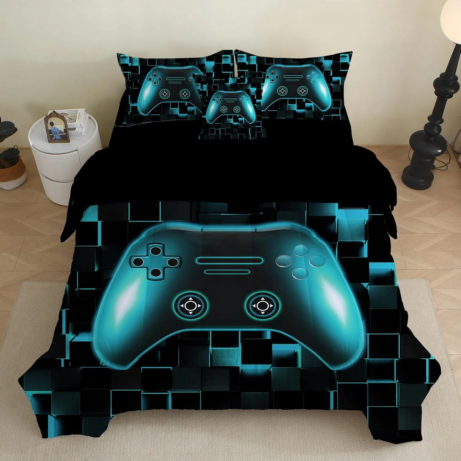 Boys Gamer Comforter Set 6 Pieces Full Size Gaming Bedding Set with Sheets Video Game Console Bed in a Bag for Kids Girls Teens (Teal, Full)