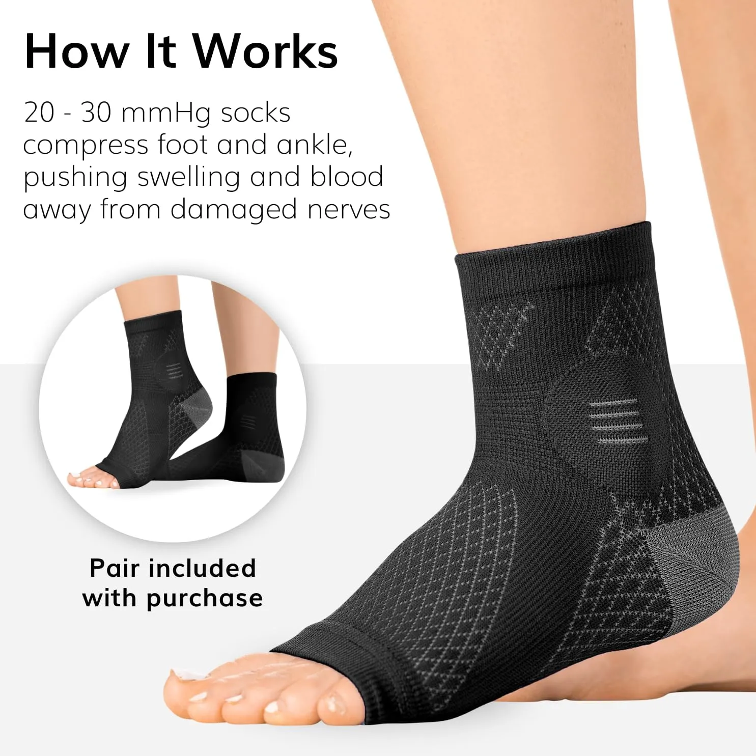 BraceAbility Neuropathy Socks (3 Pairs) - Multipack Peripheral Compression Diabetic Toeless Foot Sleeves for Nerve Damage in Feet, Ankle Gout, Plantar Fasciitis Relief for Men and Women (XL - Black)