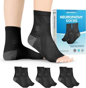BraceAbility Neuropathy Socks (3 Pairs) - Multipack Peripheral Compression Diabetic Toeless Foot Sleeves for Nerve Damage in Feet, Ankle Gout, Plantar Fasciitis Relief for Men and Women (XL - Black)