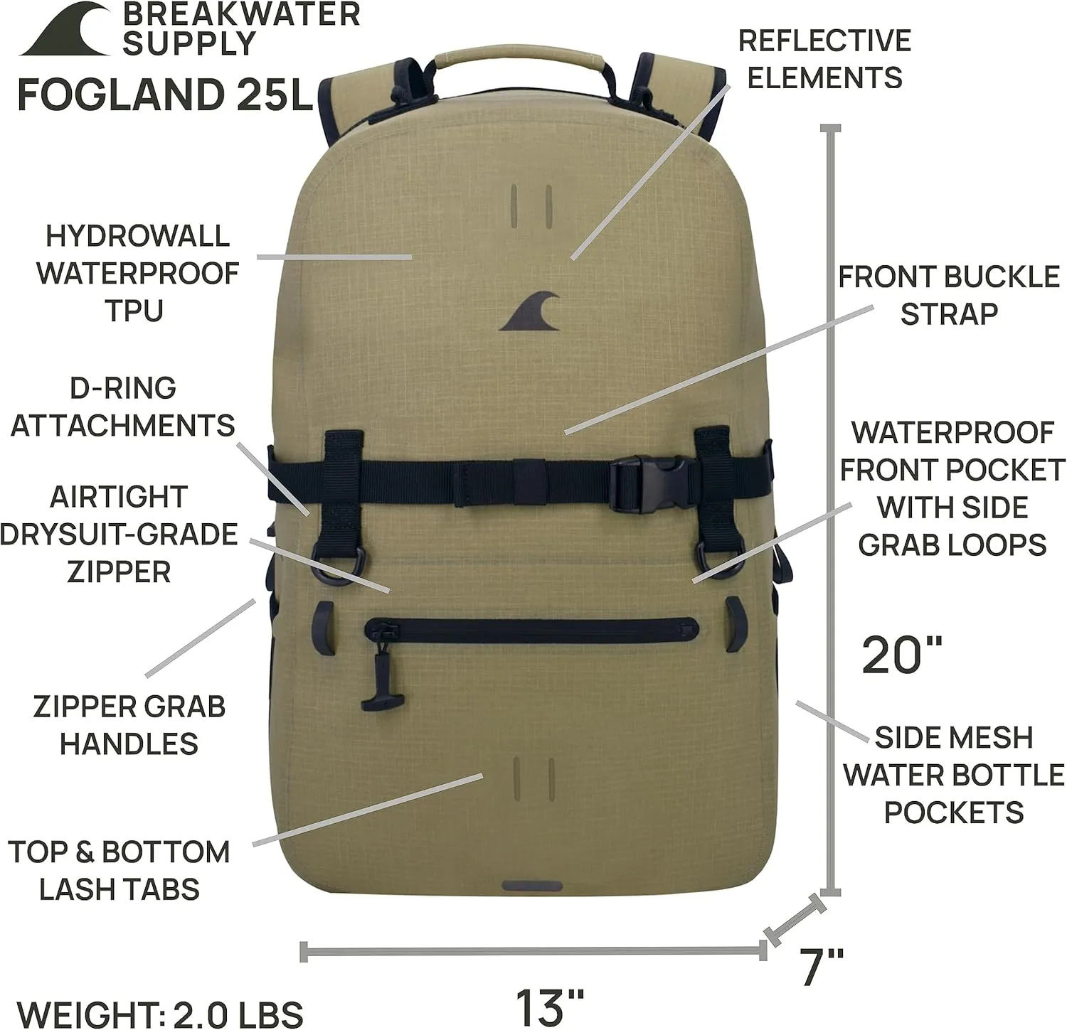 Breakwater Supply™ 100% Waterproof Submersible Backpack, Laptop Bag, Airtight Zippers | Travel Outdoors | Fogland 25L 20L 15L