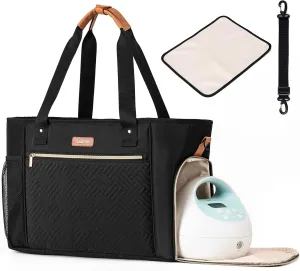 Breast Pump Bag, Diaper Tote Bag for working Moms, Large Capacity Baby Travel Bag with with shoulder strap & Waterproof mat, Black