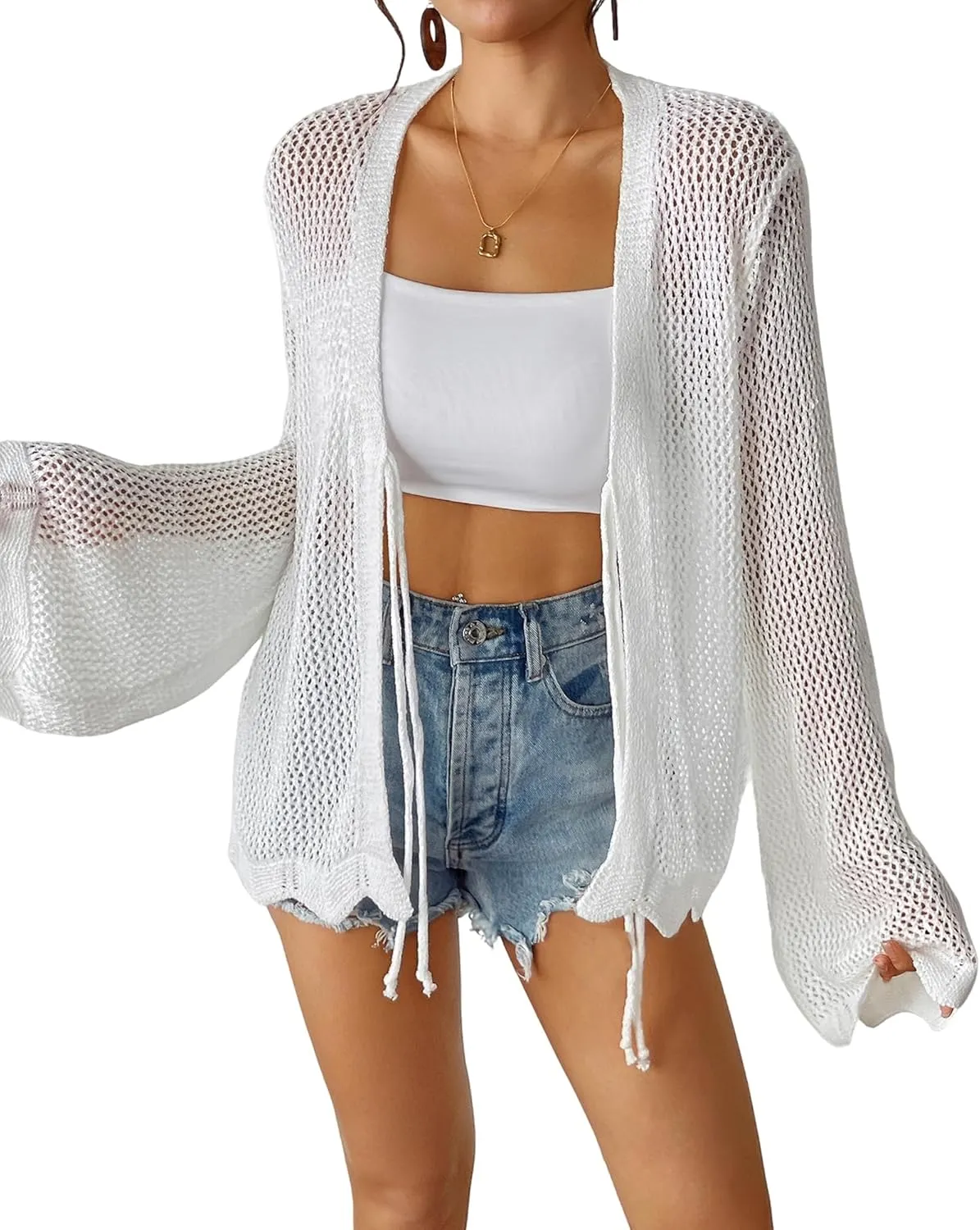 Bsubseach Women Tie Front Crochet Cardigan Lightweight Summer Knit Cardigans Long Sleeve Beach Cover Up White XL