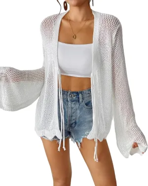 Bsubseach Women Tie Front Crochet Cardigan Lightweight Summer Knit Cardigans Long Sleeve Beach Cover Up White XL