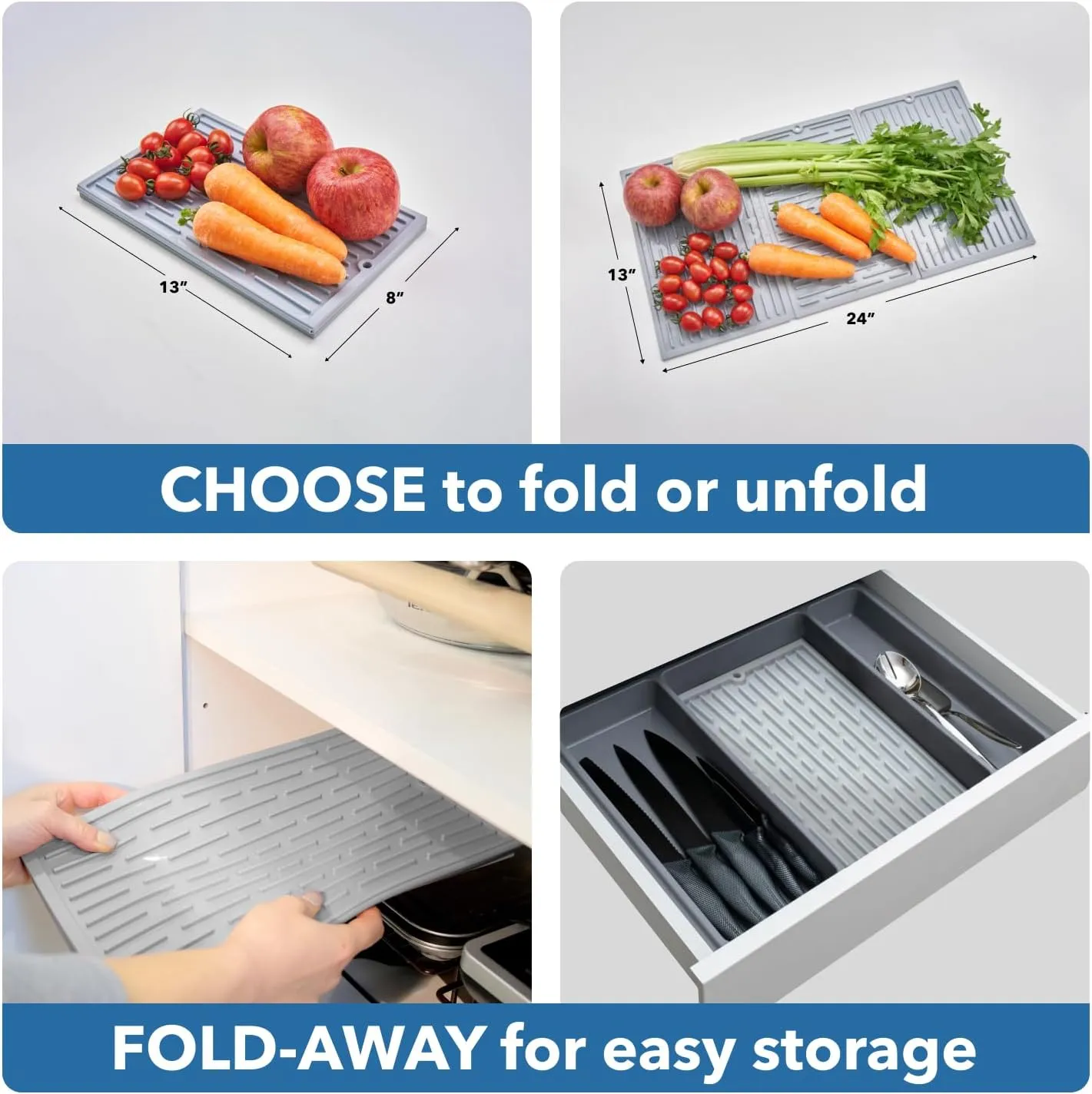 BTH Collapsible Trifold Dish Drying Mat for Kitchen Counter - Extra Large Dish Drainer Mat - Compact & Foldable Design - Durable Heat & Cold Resistant - Easy to Clean (Grey), 24"x13"