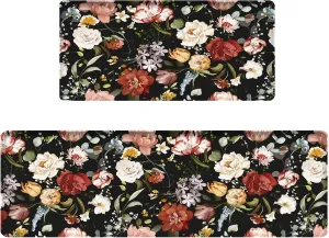Bulijojo Black Flowers Anti Fatigue Kitchen Floor Mats Set of 2 Waterproof Kitchen Sink Runner Rug Standing Mat Cushioned Kitchen Rugs Comfort Doormat 17"x47" 17" x30“