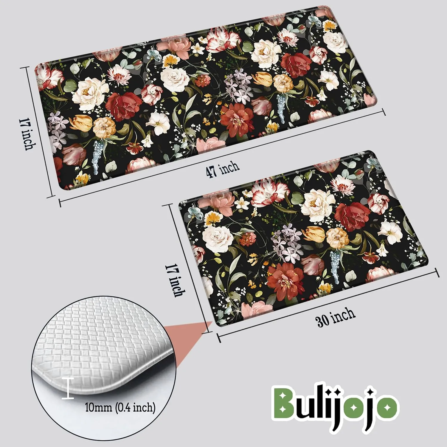 Bulijojo Black Flowers Anti Fatigue Kitchen Floor Mats Set of 2 Waterproof Kitchen Sink Runner Rug Standing Mat Cushioned Kitchen Rugs Comfort Doormat 17"x47" 17" x30“