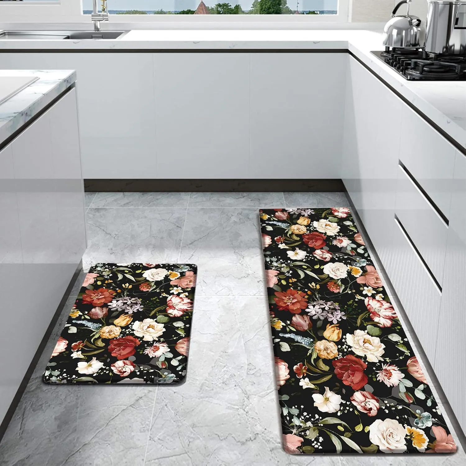 Bulijojo Black Flowers Anti Fatigue Kitchen Floor Mats Set of 2 Waterproof Kitchen Sink Runner Rug Standing Mat Cushioned Kitchen Rugs Comfort Doormat 17"x47" 17" x30“