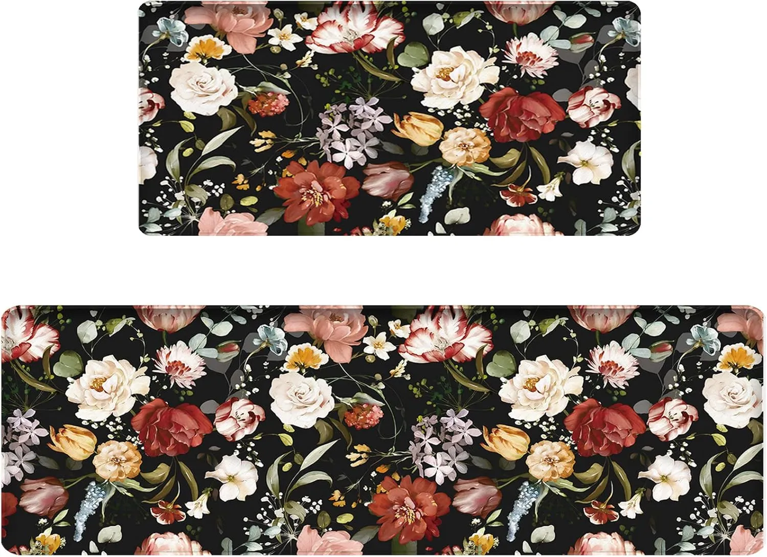 Bulijojo Black Flowers Anti Fatigue Kitchen Floor Mats Set of 2 Waterproof Kitchen Sink Runner Rug Standing Mat Cushioned Kitchen Rugs Comfort Doormat 17"x47" 17" x30“