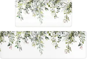 Bulijojo Green Eucalyptus Anti Fatigue Kitchen Floor Mats Set of 2 Waterproof Kitchen Sink Runner Rug Standing Mat Cushioned Kitchen Rugs Comfort Doormat 17"x47" 17"x28"