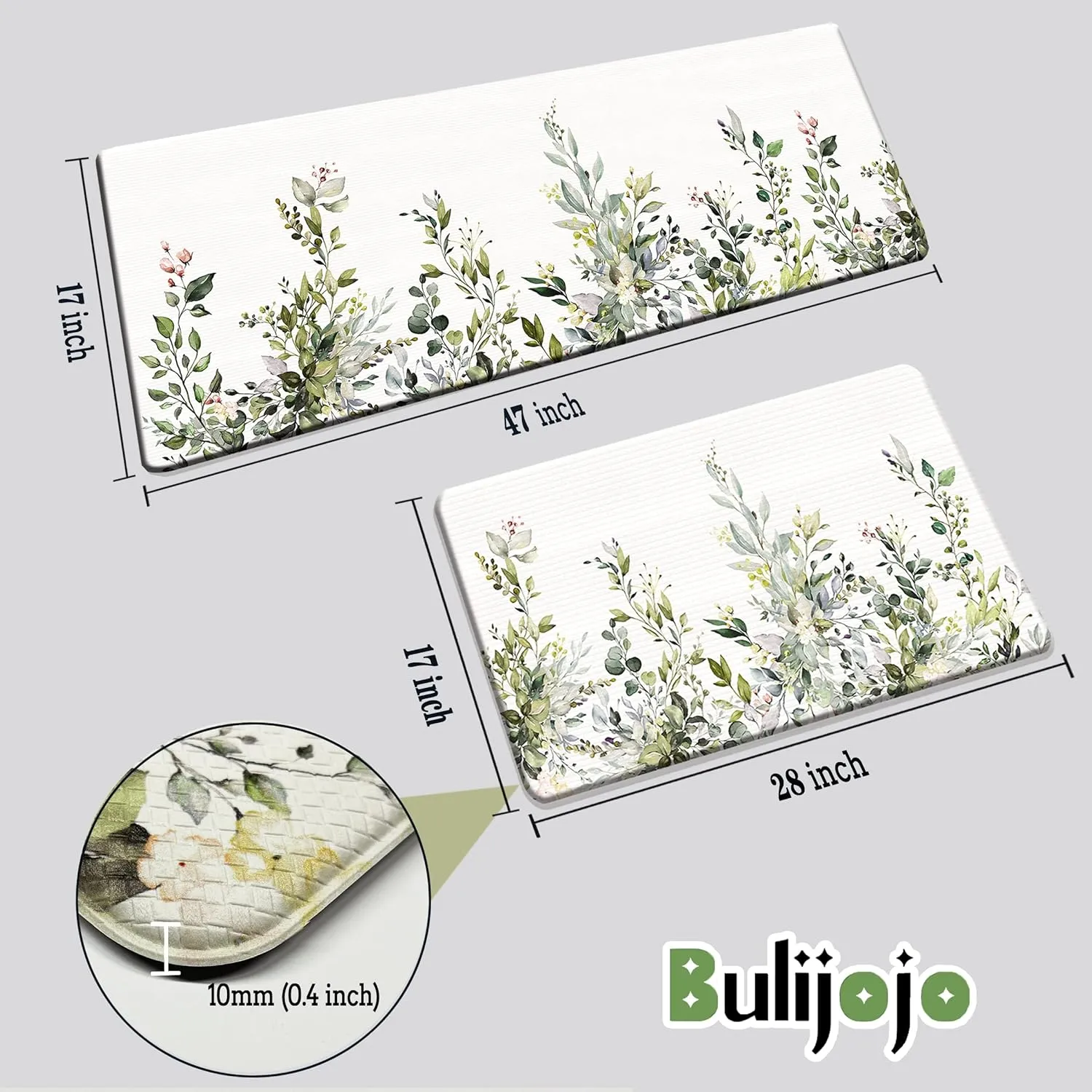 Bulijojo Green Eucalyptus Anti Fatigue Kitchen Floor Mats Set of 2 Waterproof Kitchen Sink Runner Rug Standing Mat Cushioned Kitchen Rugs Comfort Doormat 17"x47" 17"x28"