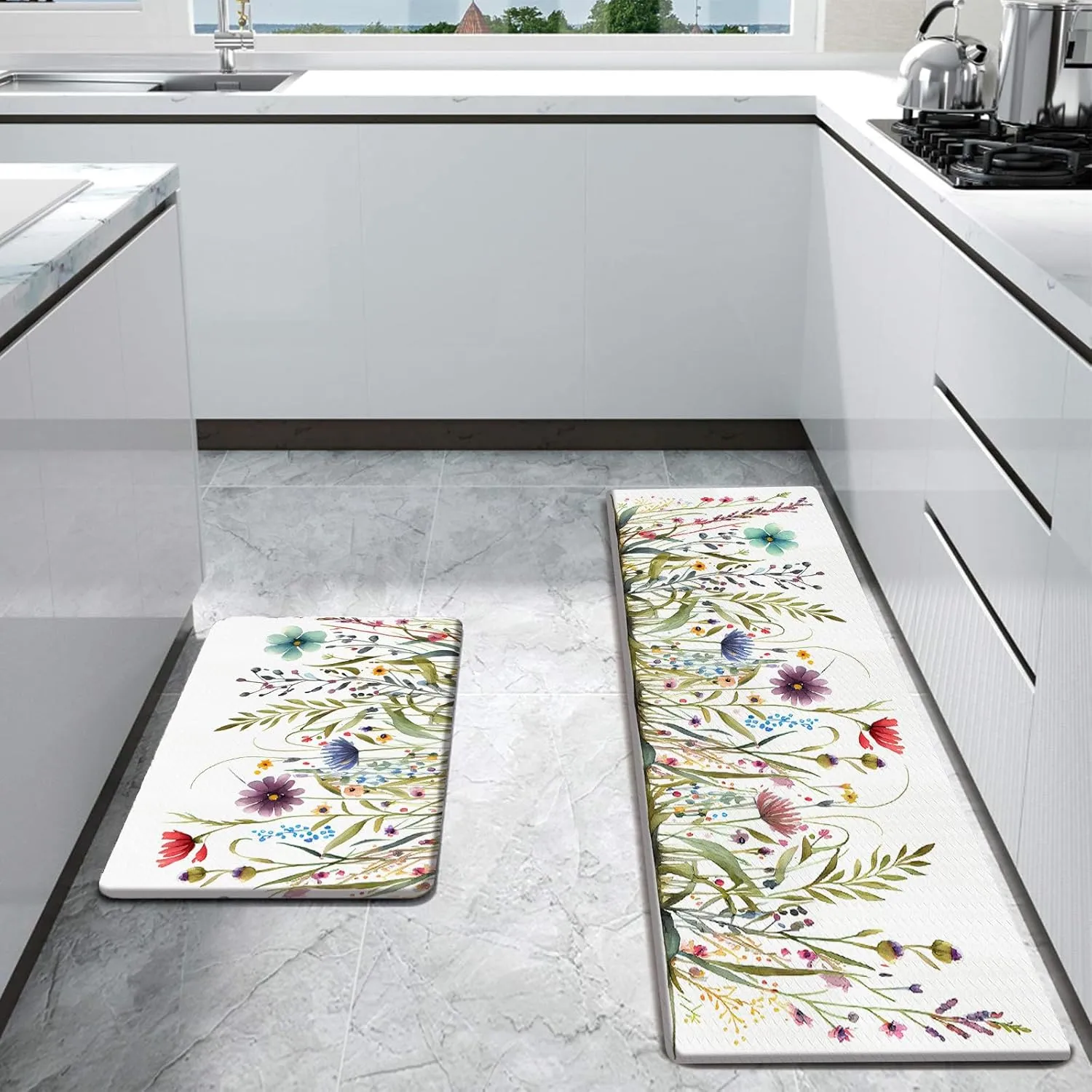 Bulijojo Wildflower Floral Anti Fatigue Kitchen Floor Mats Set of 2 Waterproof Kitchen Sink Runner Rug Standing Mat Cushioned Kitchen Rugs Comfort Doormat 17"x47" 17" x30“