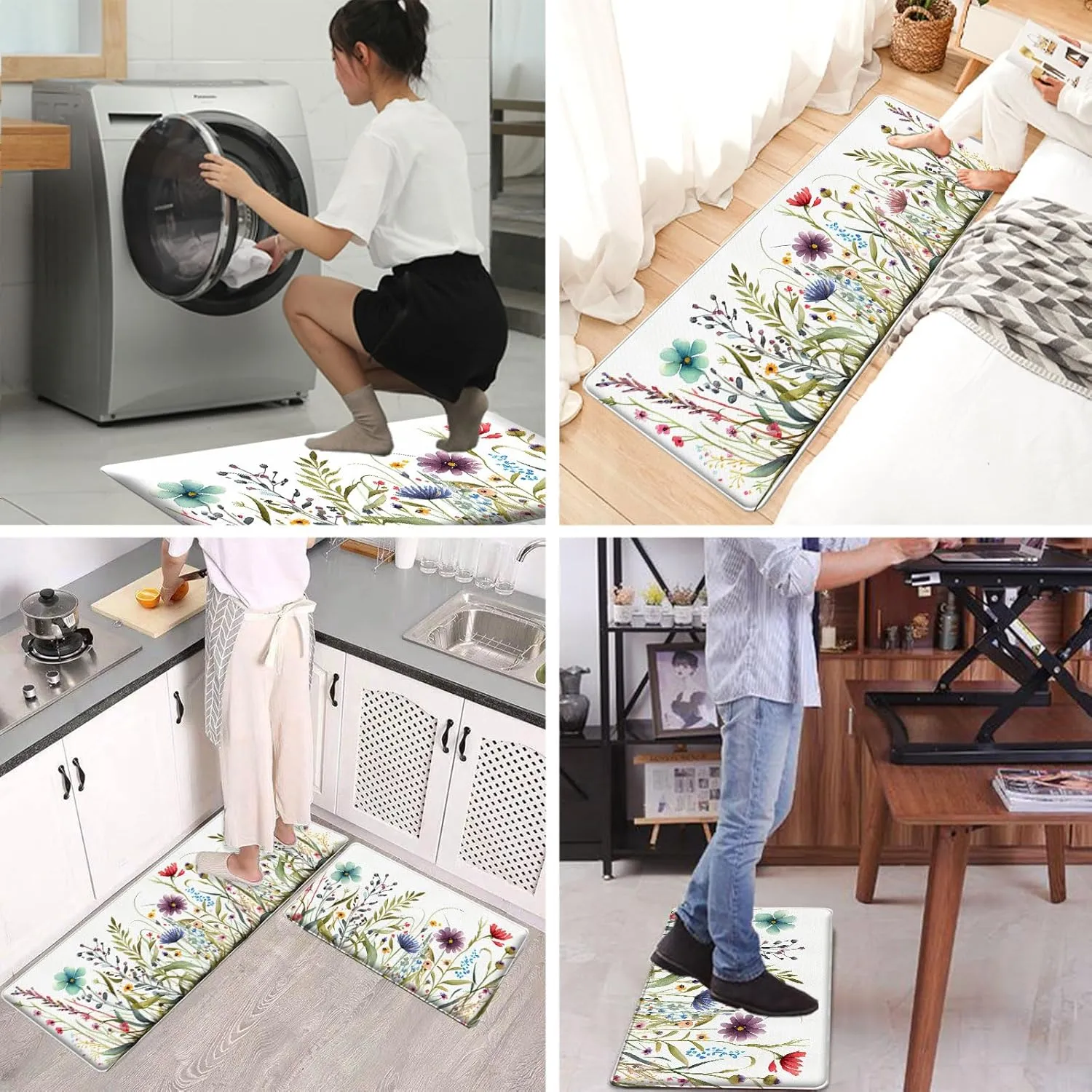 Bulijojo Wildflower Floral Anti Fatigue Kitchen Floor Mats Set of 2 Waterproof Kitchen Sink Runner Rug Standing Mat Cushioned Kitchen Rugs Comfort Doormat 17"x47" 17" x30“