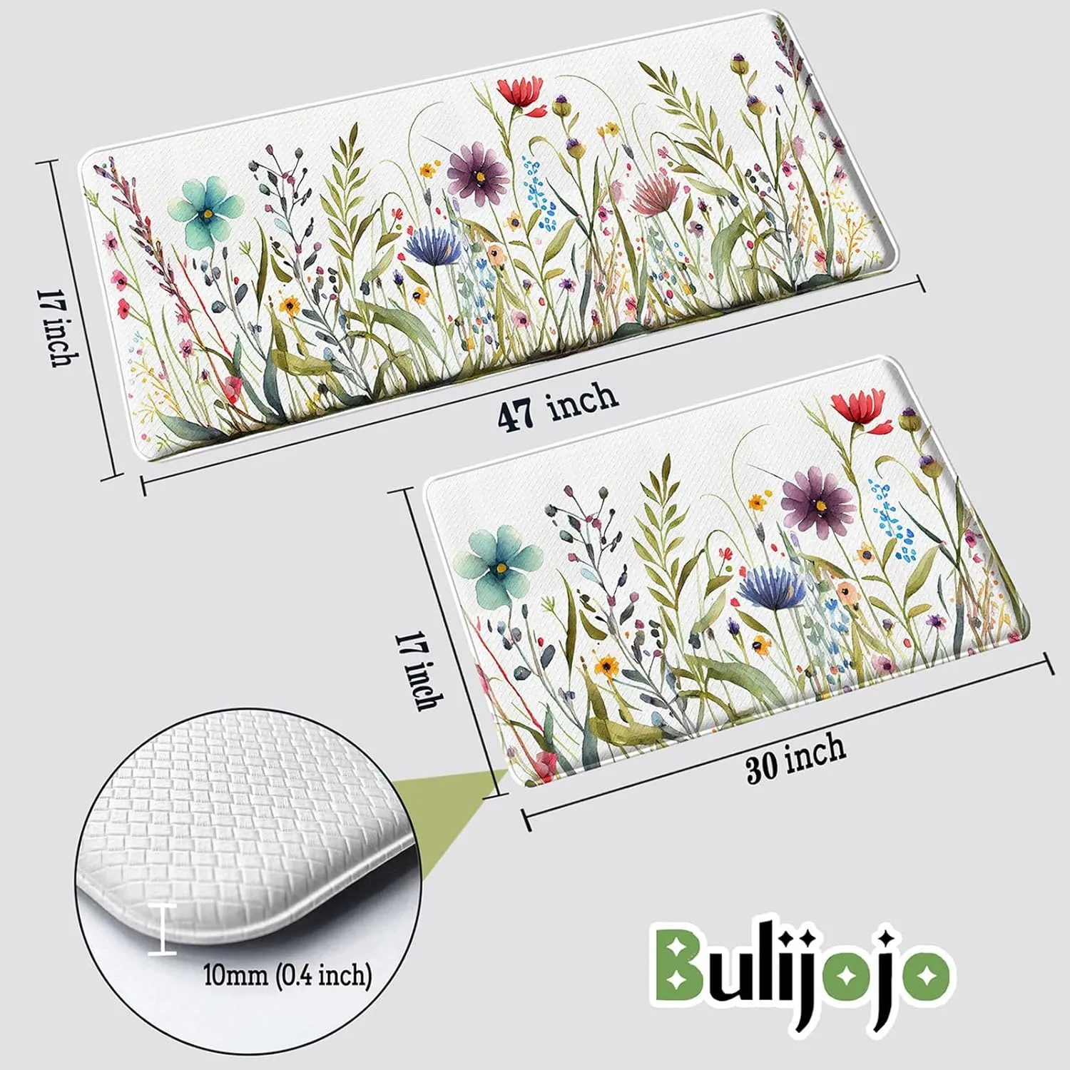 Bulijojo Wildflower Floral Anti Fatigue Kitchen Floor Mats Set of 2 Waterproof Kitchen Sink Runner Rug Standing Mat Cushioned Kitchen Rugs Comfort Doormat 17"x47" 17" x30“